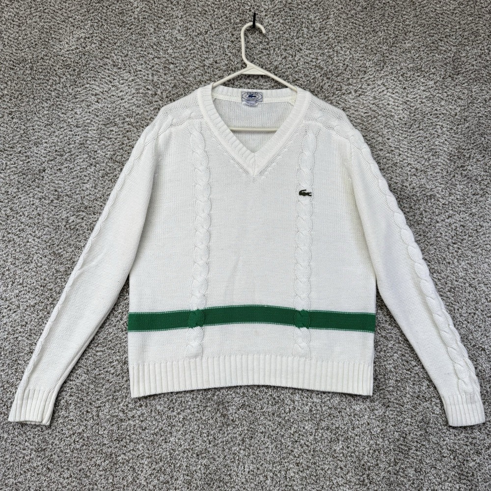 VTG Izod Lacoste Tennis Sweater V-Neck Be White Pullover Men's Large Cable Knit